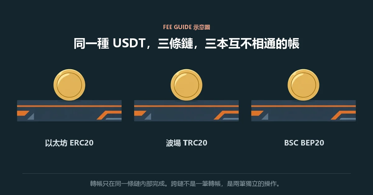 示意圖:三枚相同的 USDT 硬幣分別放在三條互不相連的帳本條上,下方標註以太坊、波場與 BSC