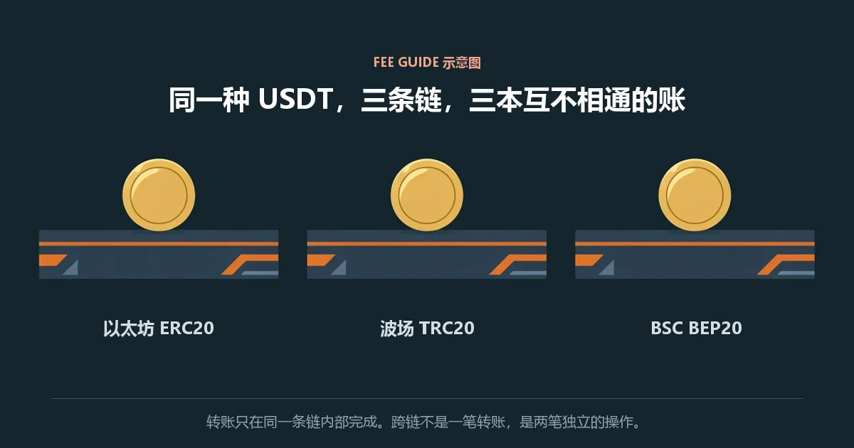示意图：三枚相同的 USDT 硬币分别放在三条互不相连的账本条上，下方标注以太坊、波场与 BSC