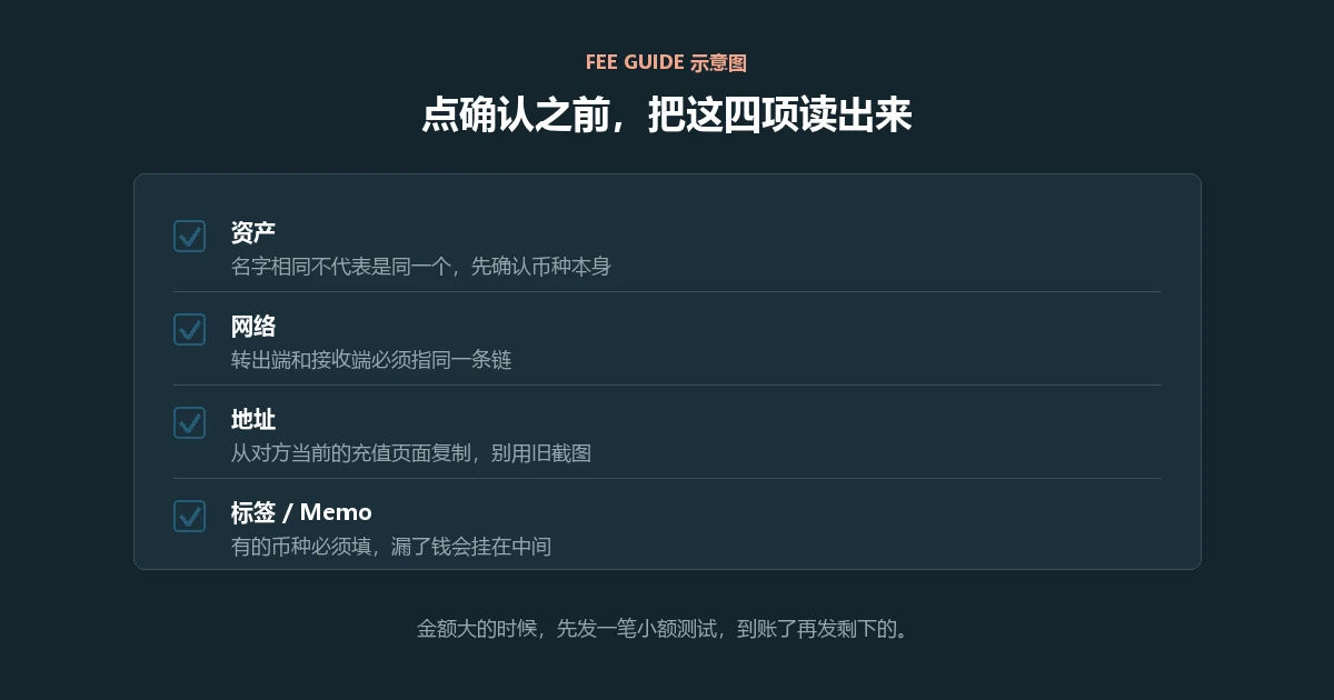 示意图：一张四项核对清单，依次是资产、网络、地址、标签或 Memo，每项下面有一句提示