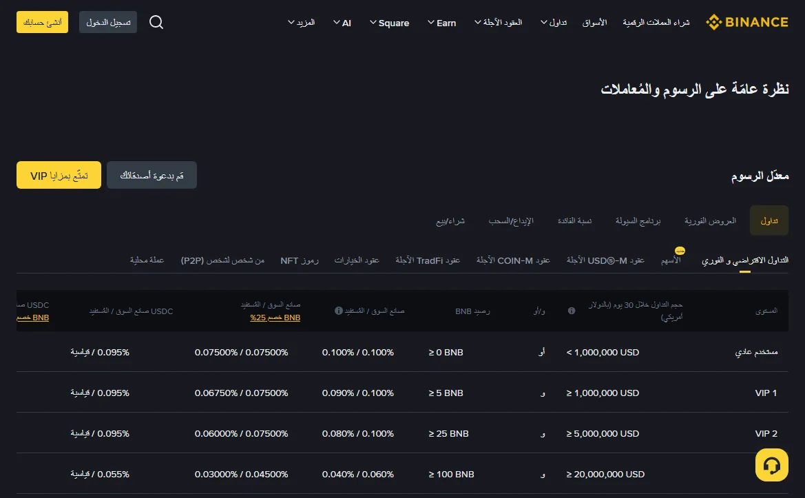صفحة «نظرة عامة على الرسوم والمعاملات» في Binance، ويظهر فيها عمود صانع/آخذ منفصلاً عن عمود موسوم بخصم BNB 25%