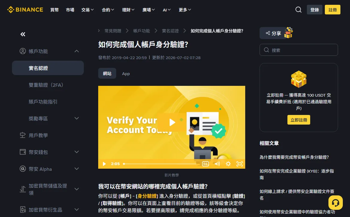 幣安幫助中心「如何完成個人帳戶身分驗證」頁面，左側為幫助分類，正文說明驗證等級會決定帳戶交易限額