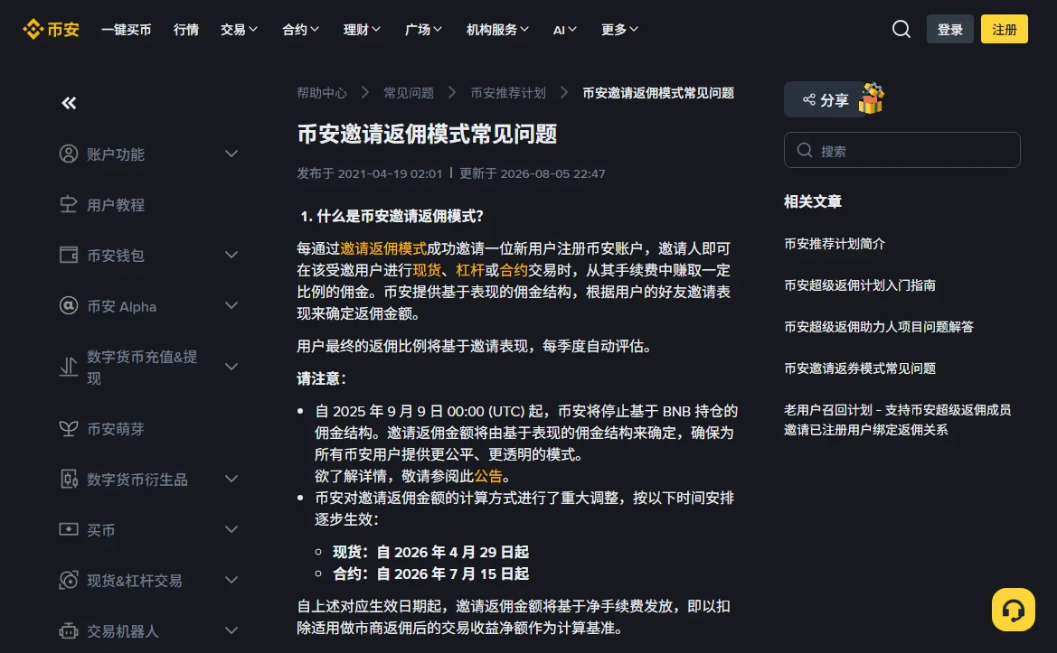 币安帮助中心邀请模式常见问题页顶部,显示发布于 2021-04-19、更新于 2026-08-05,以及现货自 2026 年 4 月 29 日起按净手续费计算的说明