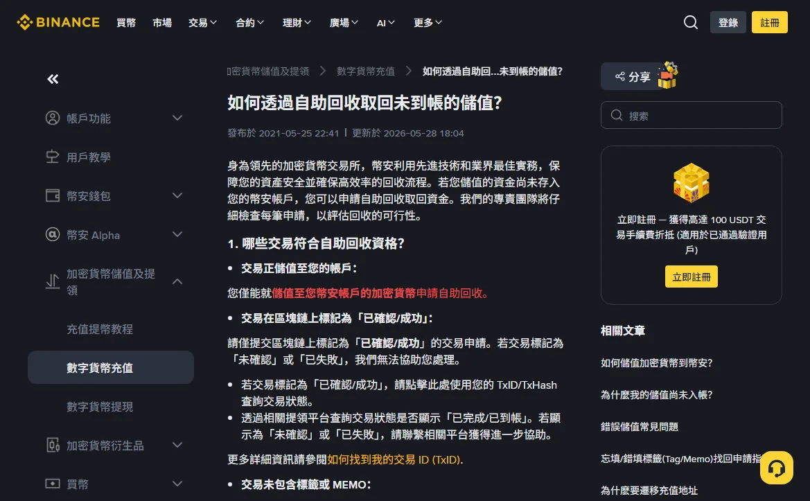 幣安繁體版幫助中心的自助回收說明頁,列出可以提交申請的條件,包括資產須儲值至本人帳戶且鏈上標記為已確認
